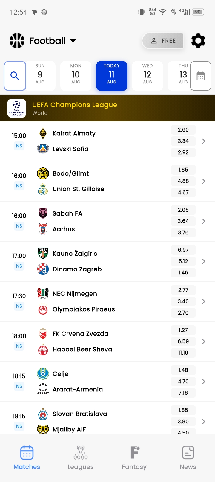 Live football fixtures